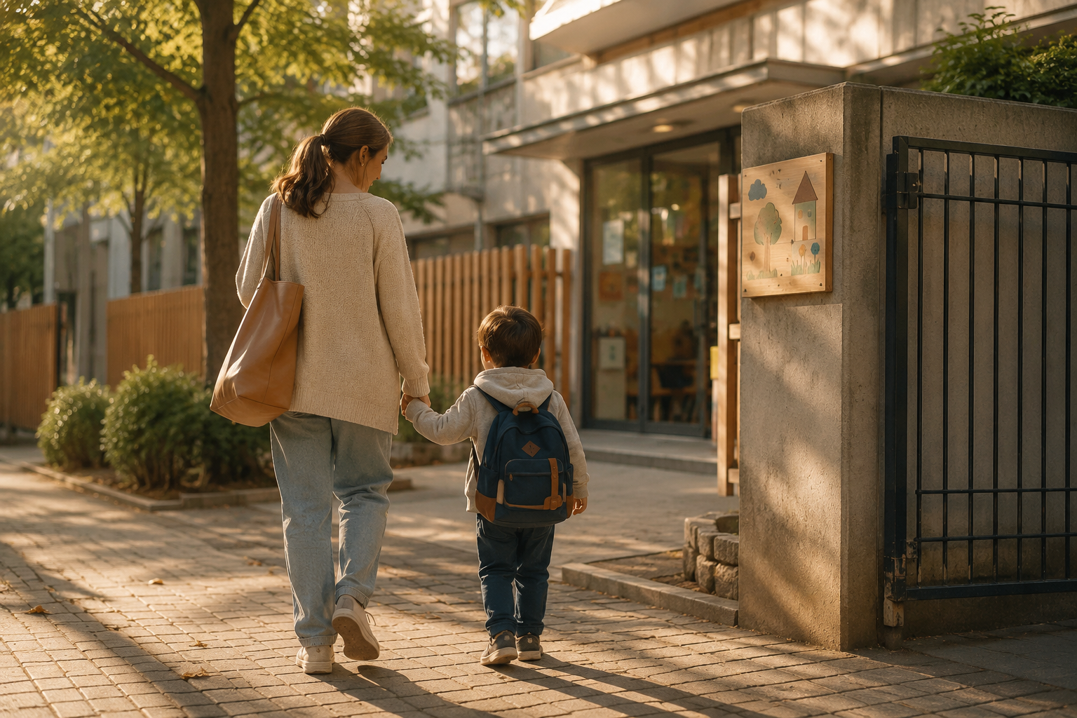 Madre e hijo caminando — acompañamiento familiar